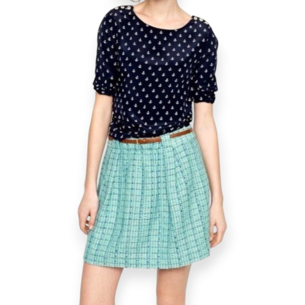 J. Crew Blue & Green Tweed Wool Blend Mini Skirt - Size 6